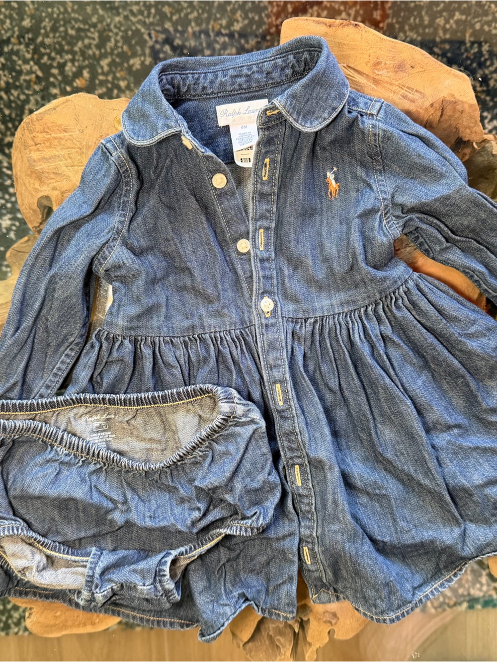 Ralph Lauren Baby Girl Denim Dress with Gold Stitching and Matching Bloomers